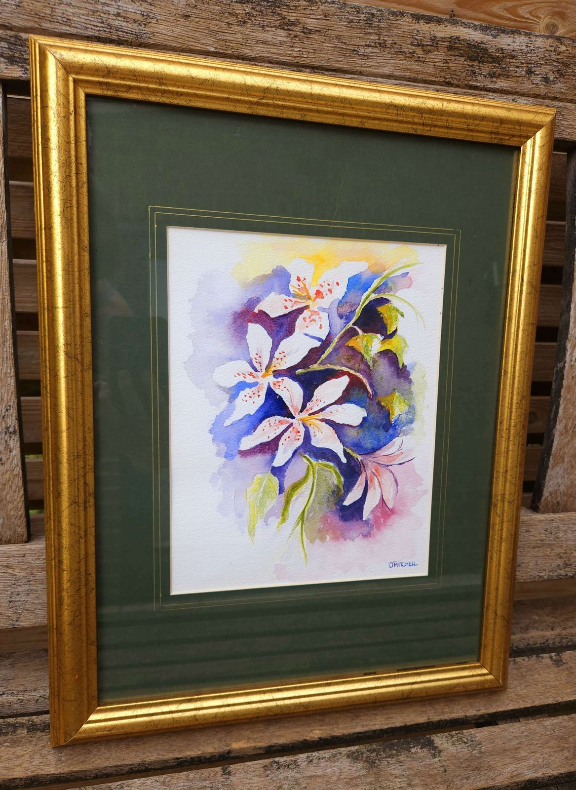Colourful Watercolour Of White Lilies In A Gold, Wood Frame