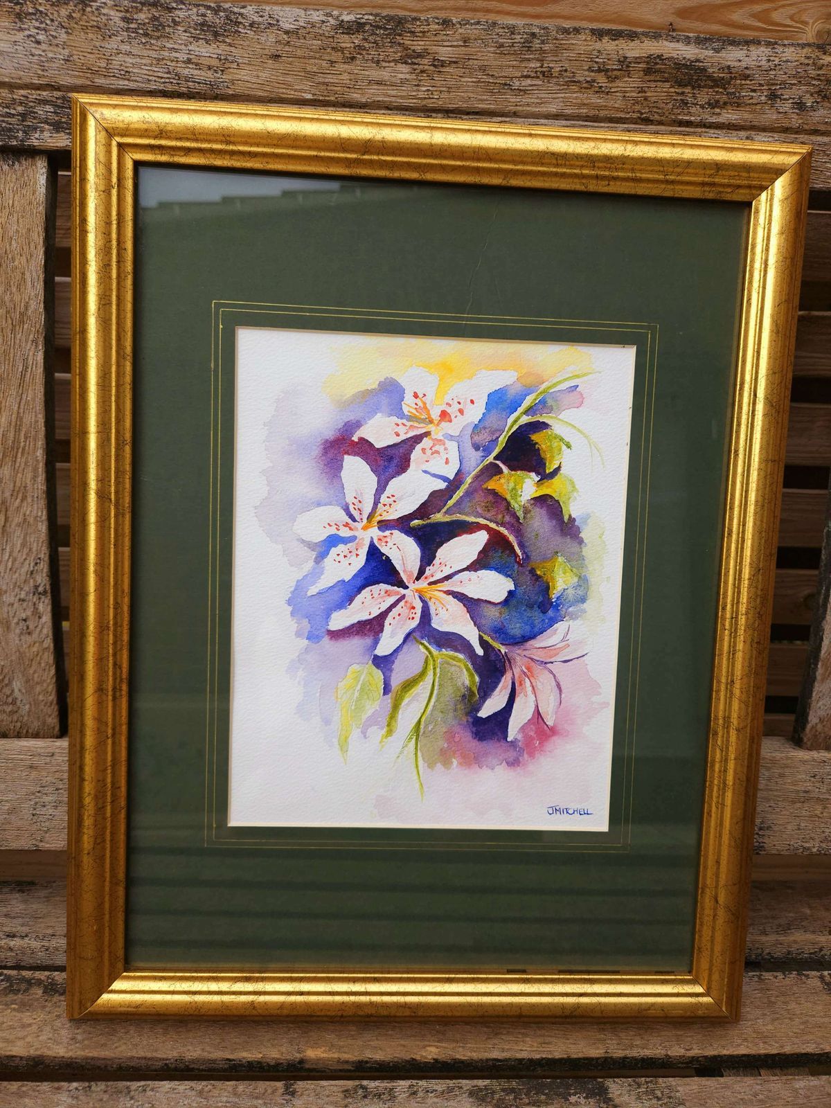 Colourful Watercolour Of White Lilies In A Gold, Wood Frame photo furniture