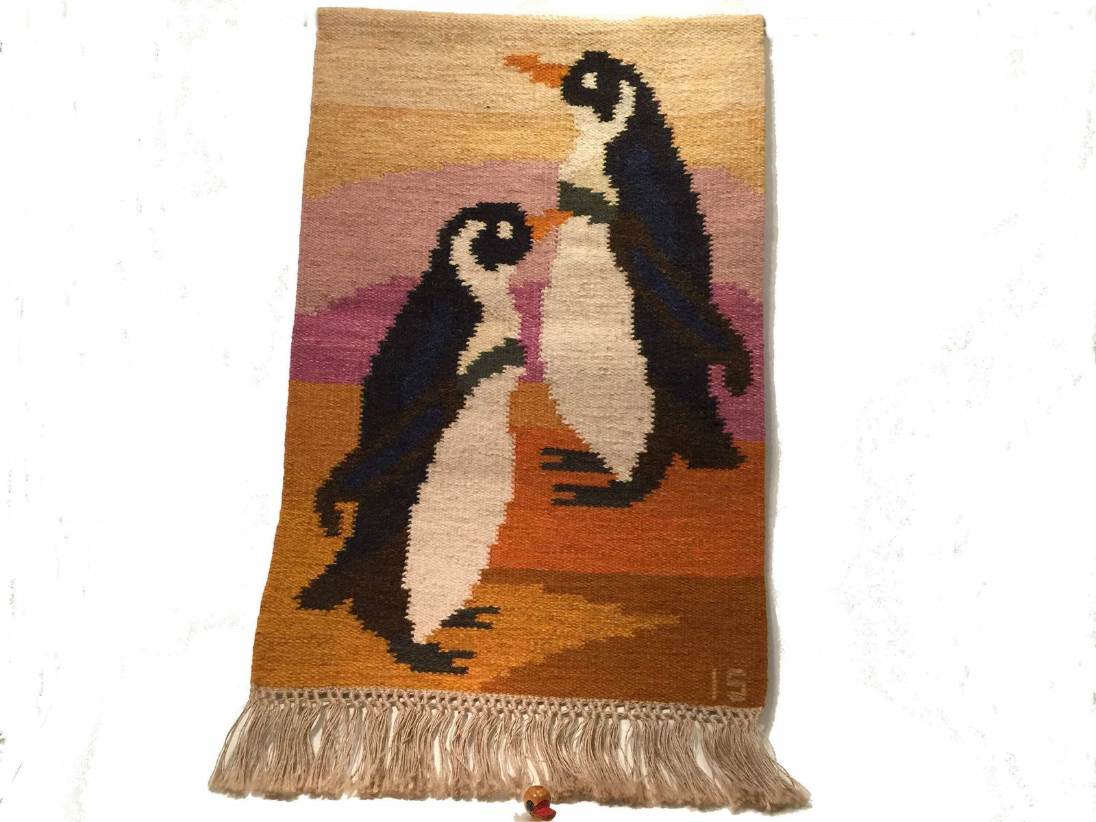Swedish Flat Weave Wall Hanging Rug By Ingegerd Silow   Motif A Pair Of Wonderful Penguins