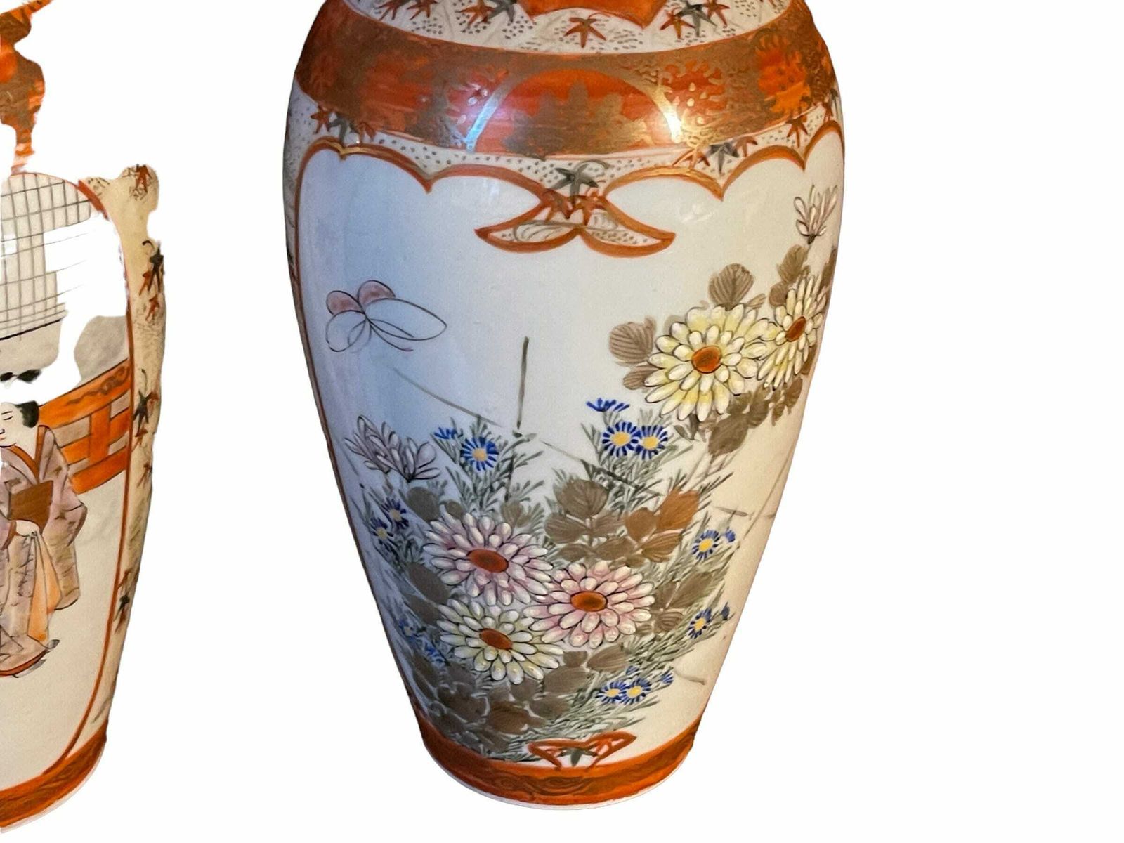 Pair Of Japanese Kutani Vases, Decorated In Orange And Gold photo vinterior