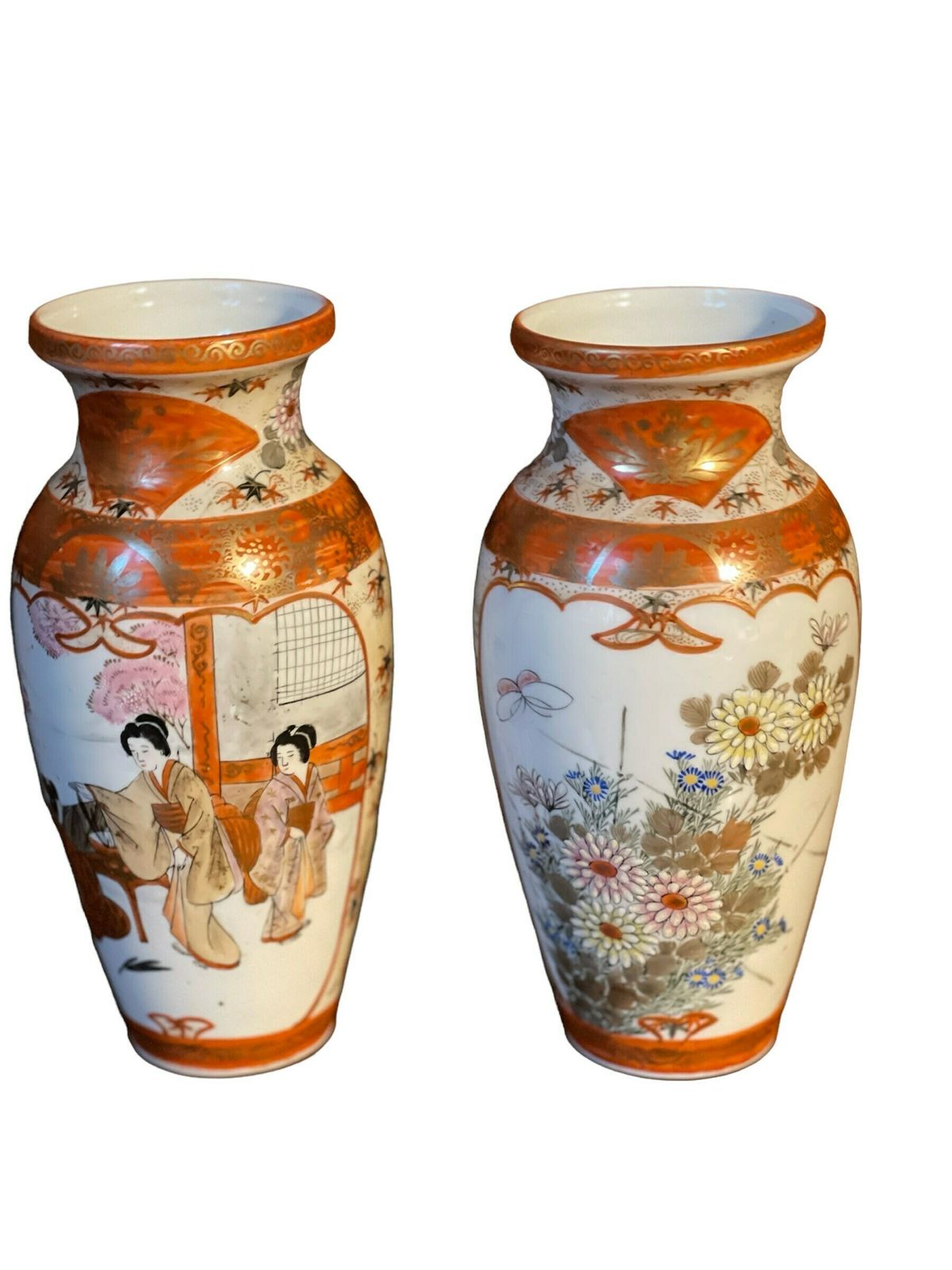 Pair Of Japanese Kutani Vases, Decorated In Orange And Gold photo vintage