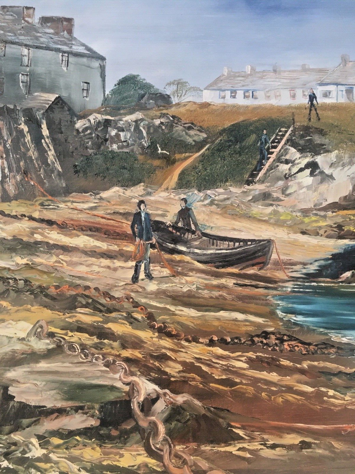 Original Jill Mickle Framed Oil Painting Newry Beach Holyhead Anglesey Port Boat photo 220.0