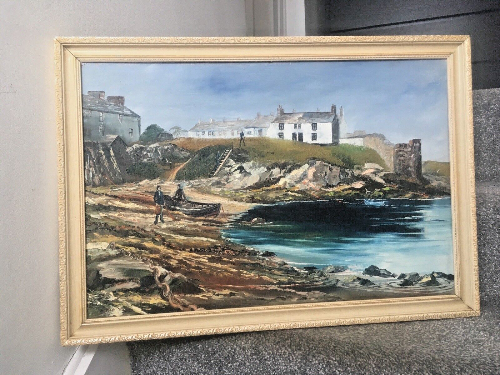 Original Jill Mickle Framed Oil Painting Newry Beach Holyhead Anglesey Port Boat photo vintage