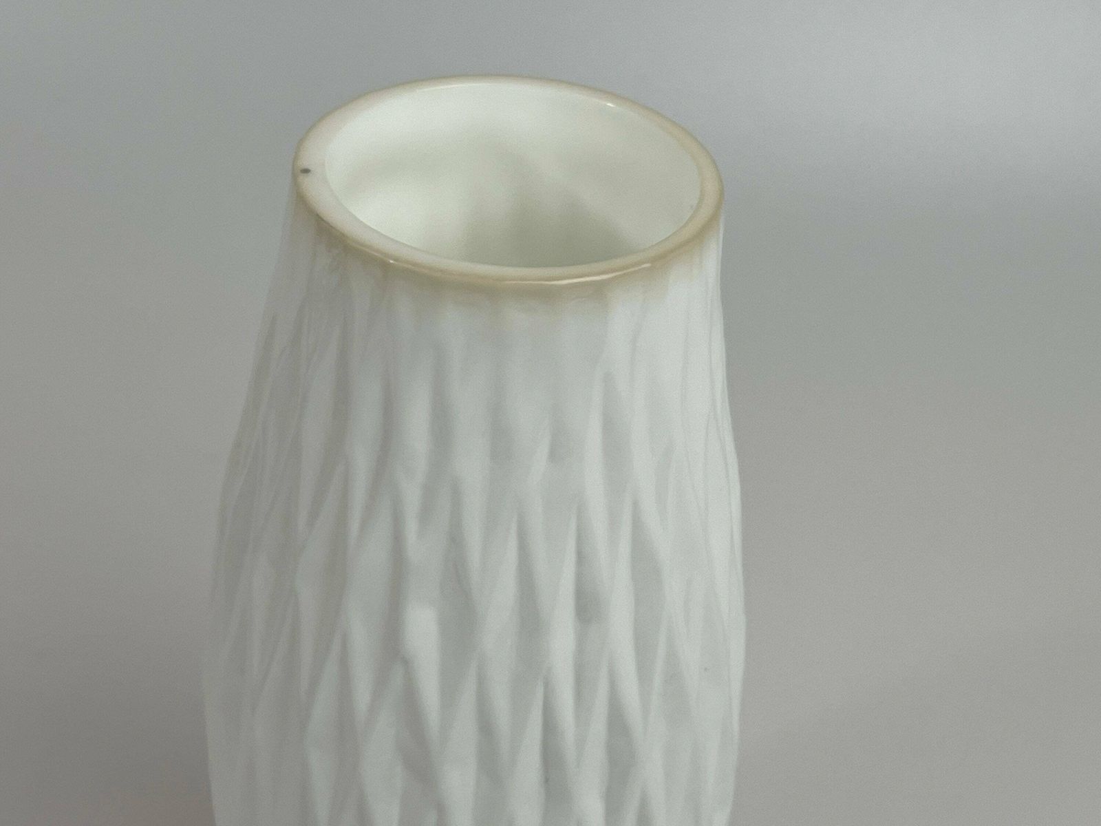 Opaline "Milky" Glass Vase In Japanese Style With Diamond Pattern. Footed On Orange Glass Base. photo furniture