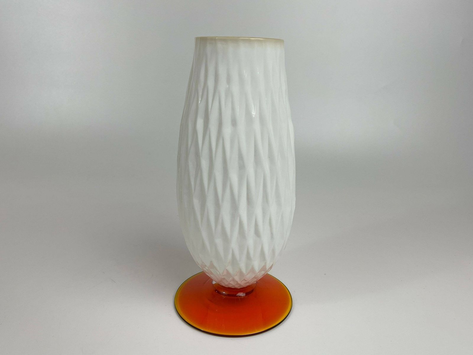 Opaline "Milky" Glass Vase In Japanese Style With Diamond Pattern. Footed On Orange Glass Base. photo buy