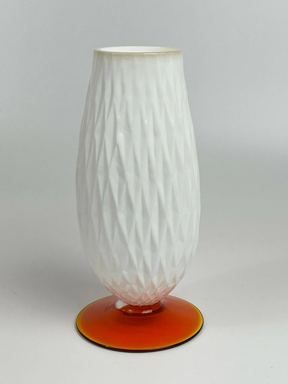 Opaline "Milky" Glass Vase In Japanese Style With Diamond Pattern. Footed On Orange Glass Base. photo vintage