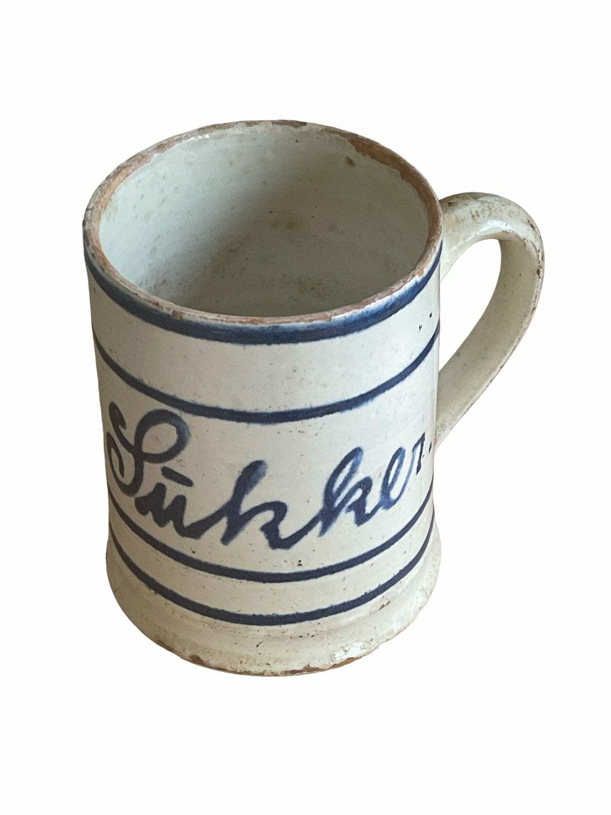 Antique Earthenware Mug With Handle, Denmark. White Coating With Blue Paint And Clear Glaze. Late 1800s. Cottage Core / Farm House Style