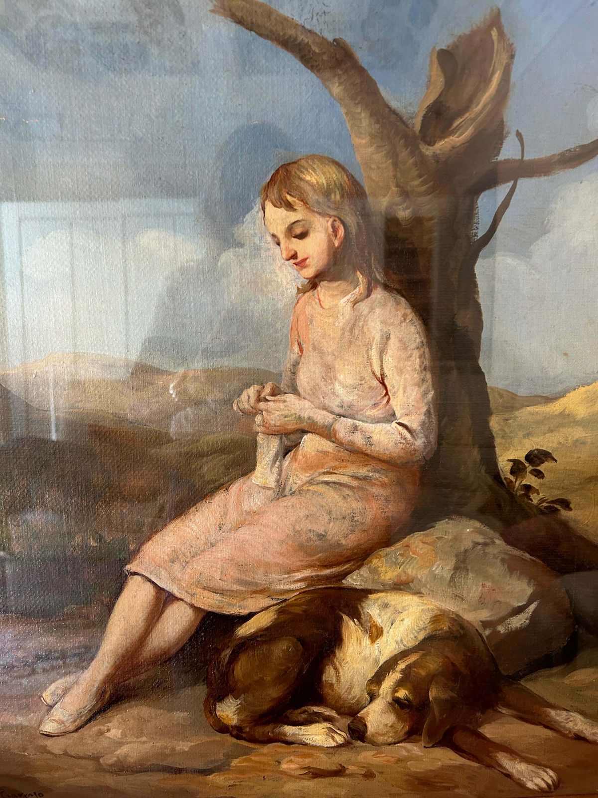 "A Girl And Her Dog" Italian Early 20th Century Oil On Canvas photo furniture