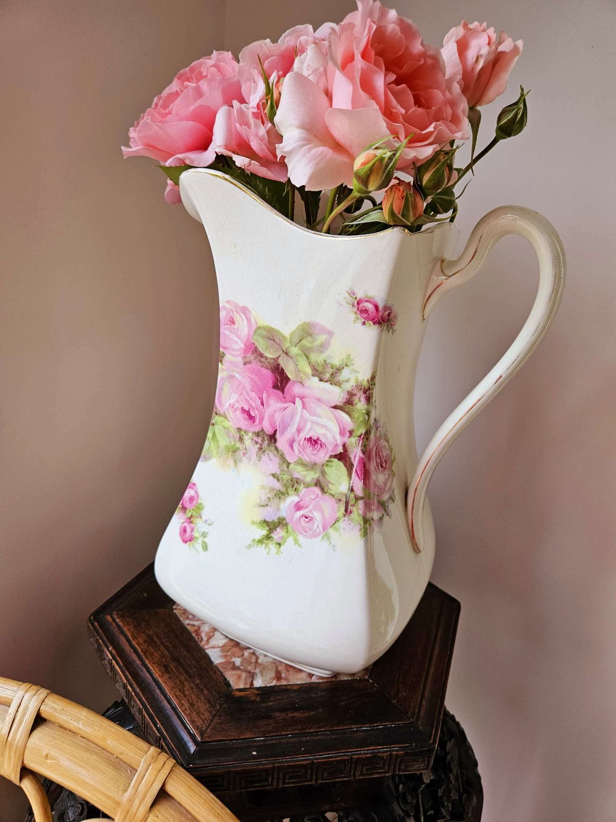 Spectacular, Large, Art Deco, Antique Wash Jug Vase With Pink Rose Decoration photo buy