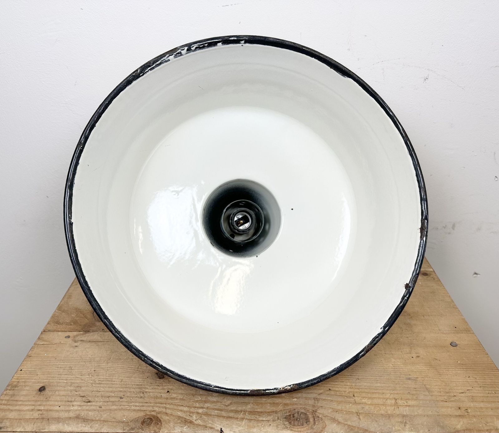 Large Industrial White Enamel Factory Pendant Lamp From Zaos, 1960s photo vinterior