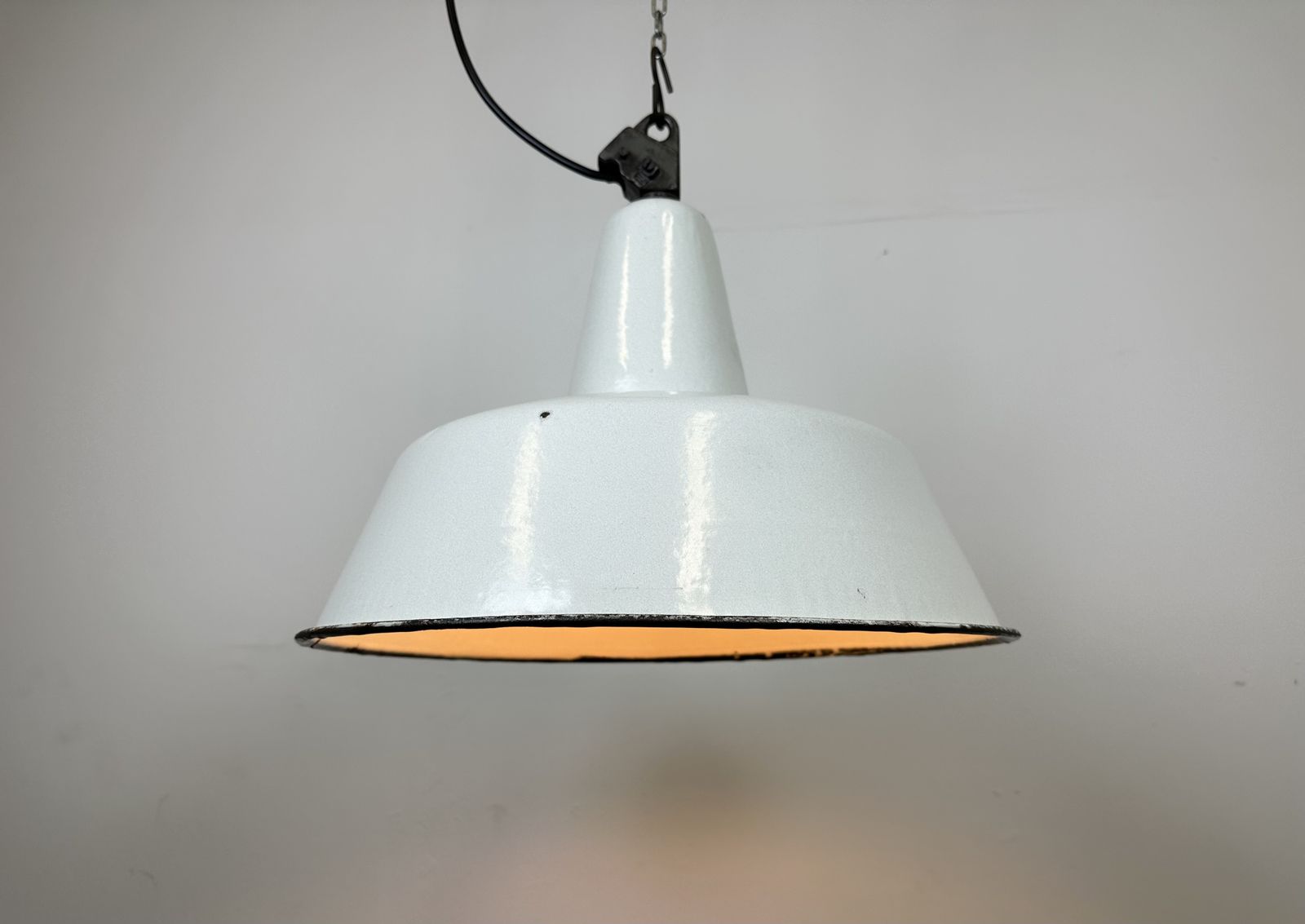 photo buy Large Industrial White Enamel Factory Pendant Lamp From Zaos, 1960s