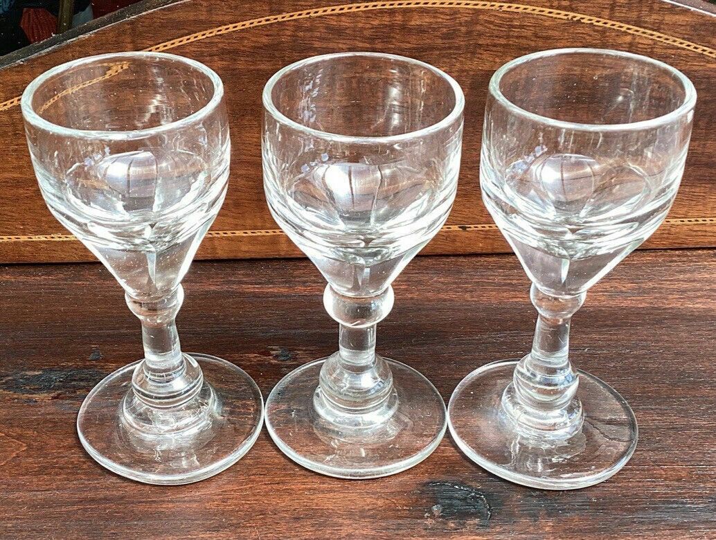 3 Georgian Deceptive Toasting Dram Glasses. Knopped Stems. Funnelled Bowls