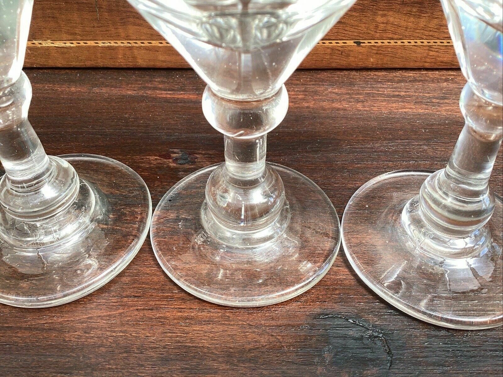 3 Georgian Deceptive Toasting Dram Glasses. Knopped Stems. Funnelled Bowls photo vinterior