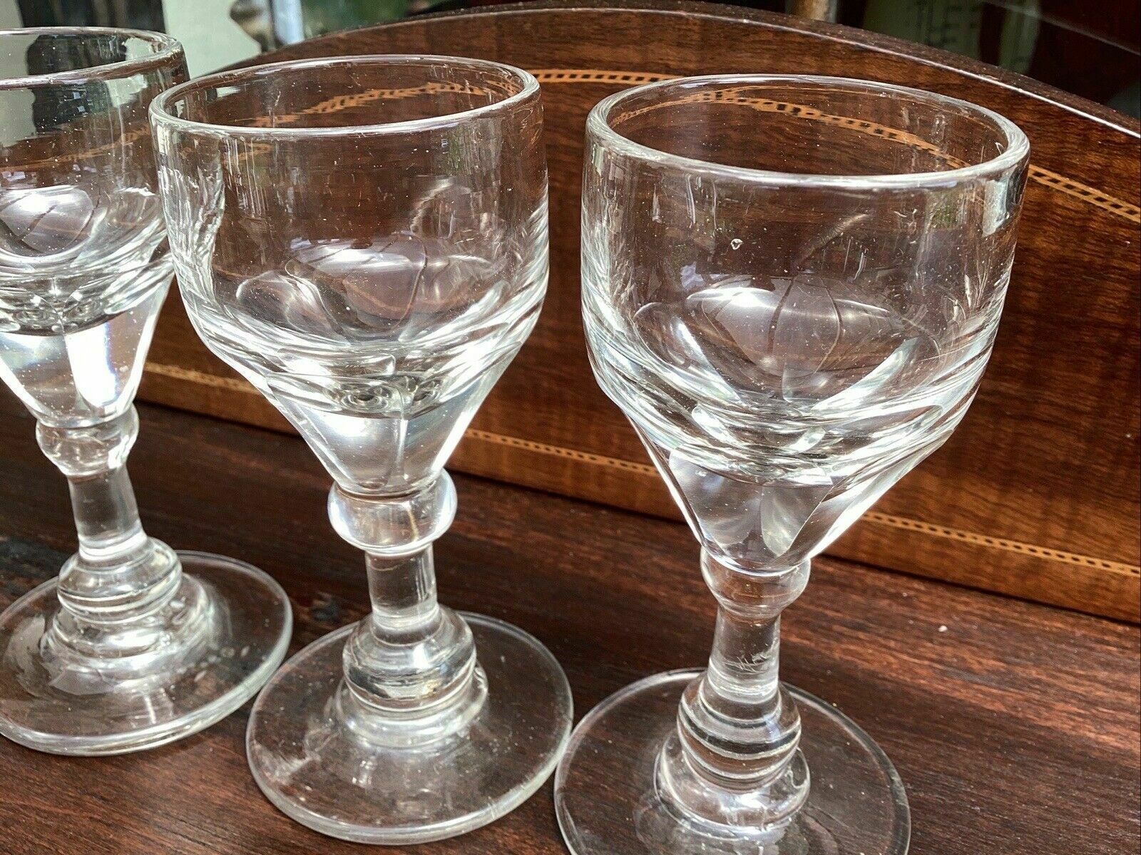 photo buy 3 Georgian Deceptive Toasting Dram Glasses. Knopped Stems. Funnelled Bowls