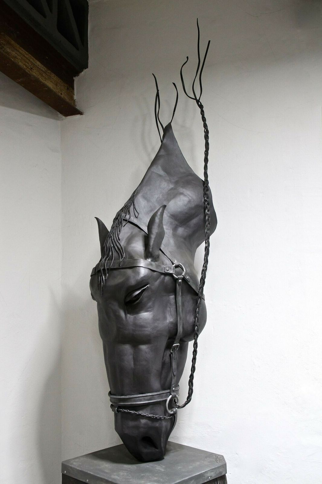 Metal Horse Head Sculpture By G. Fössl, Handforged On Charred Oak Base, 2017 photo vinterior