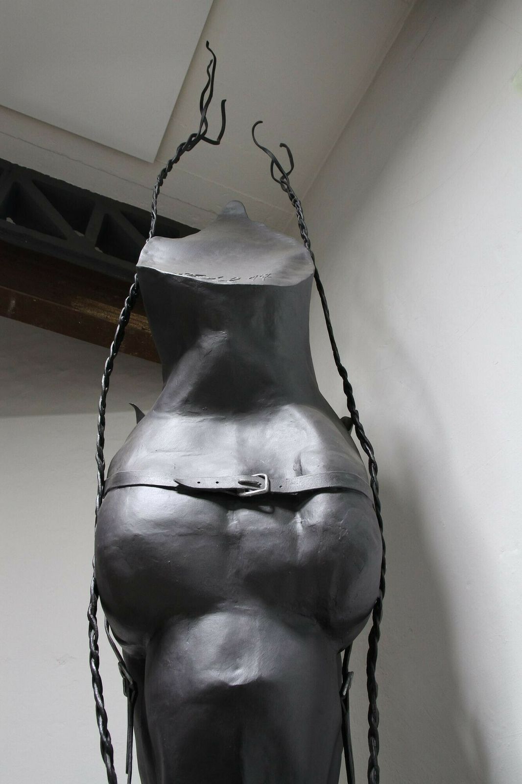 photo buy Metal Horse Head Sculpture By G. Fössl, Handforged On Charred Oak Base, 2017