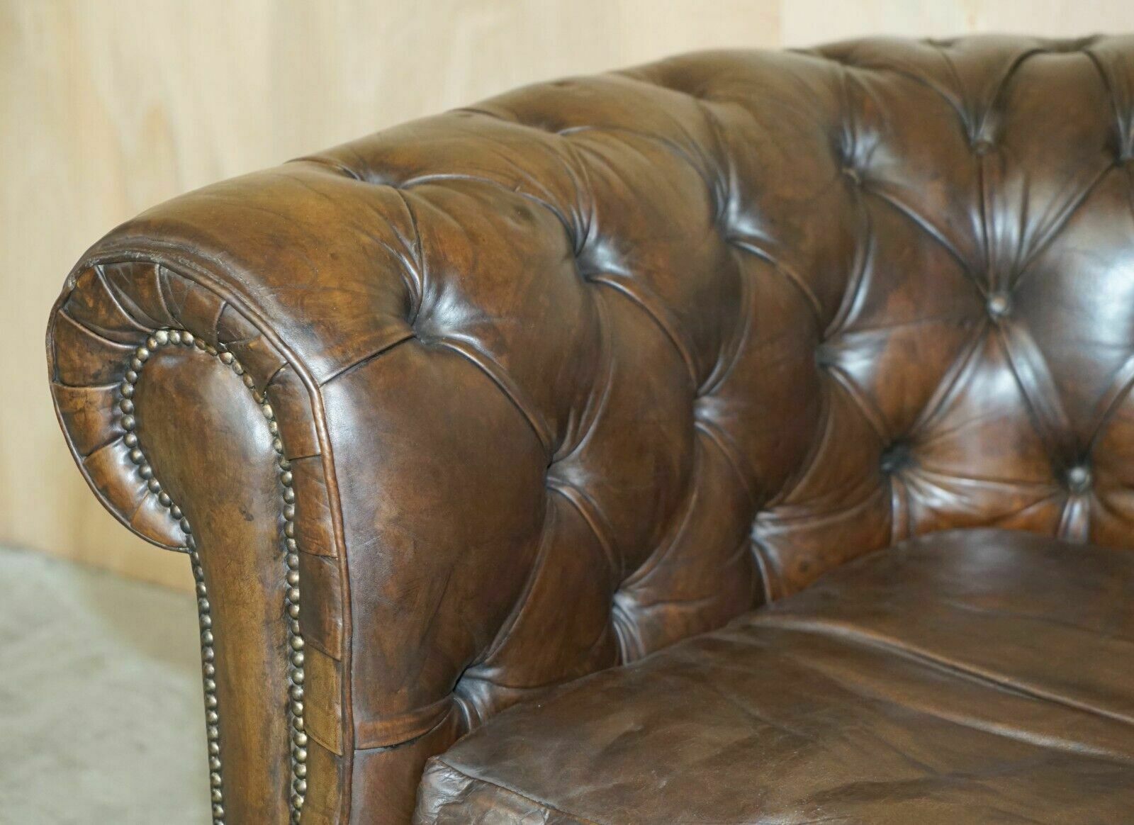 Vintage Circa 1950's Hand Dyed Brown Leather Chesterfield Club Armchair Walnut photo vinterior