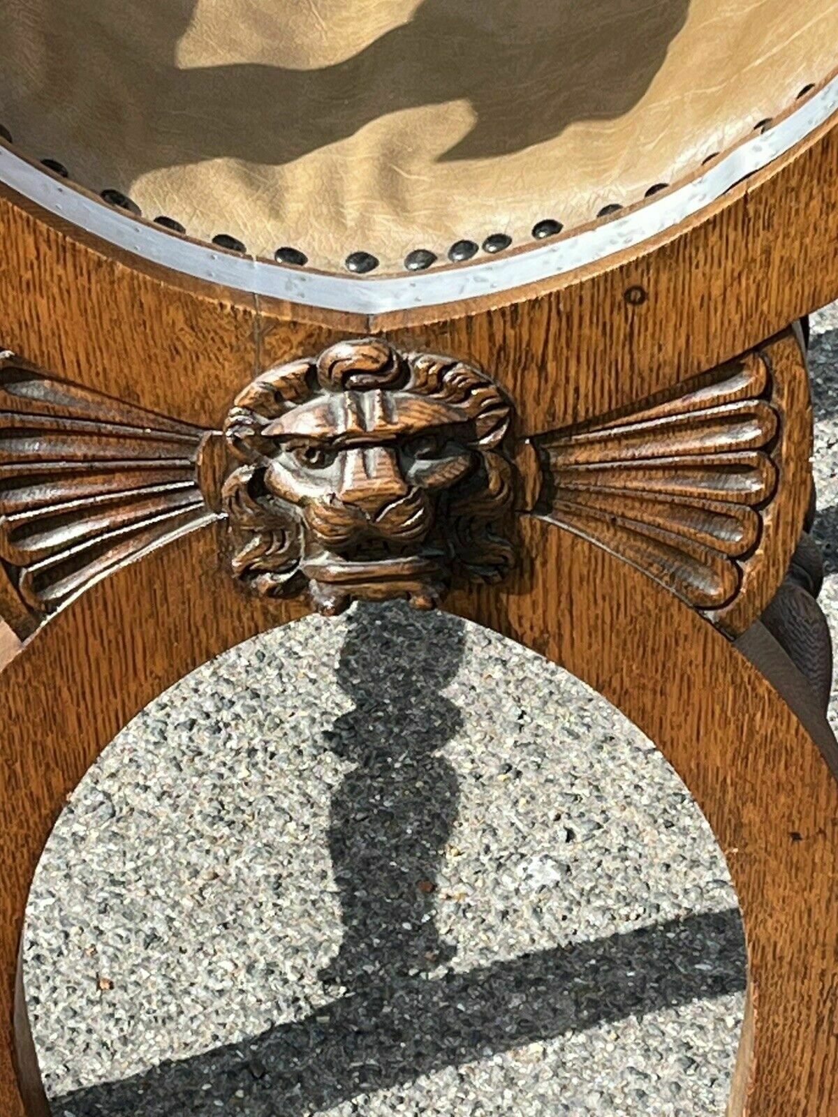 Antique Carved Oak Chair, With Carved Lion Heads Decoration photo vinterior