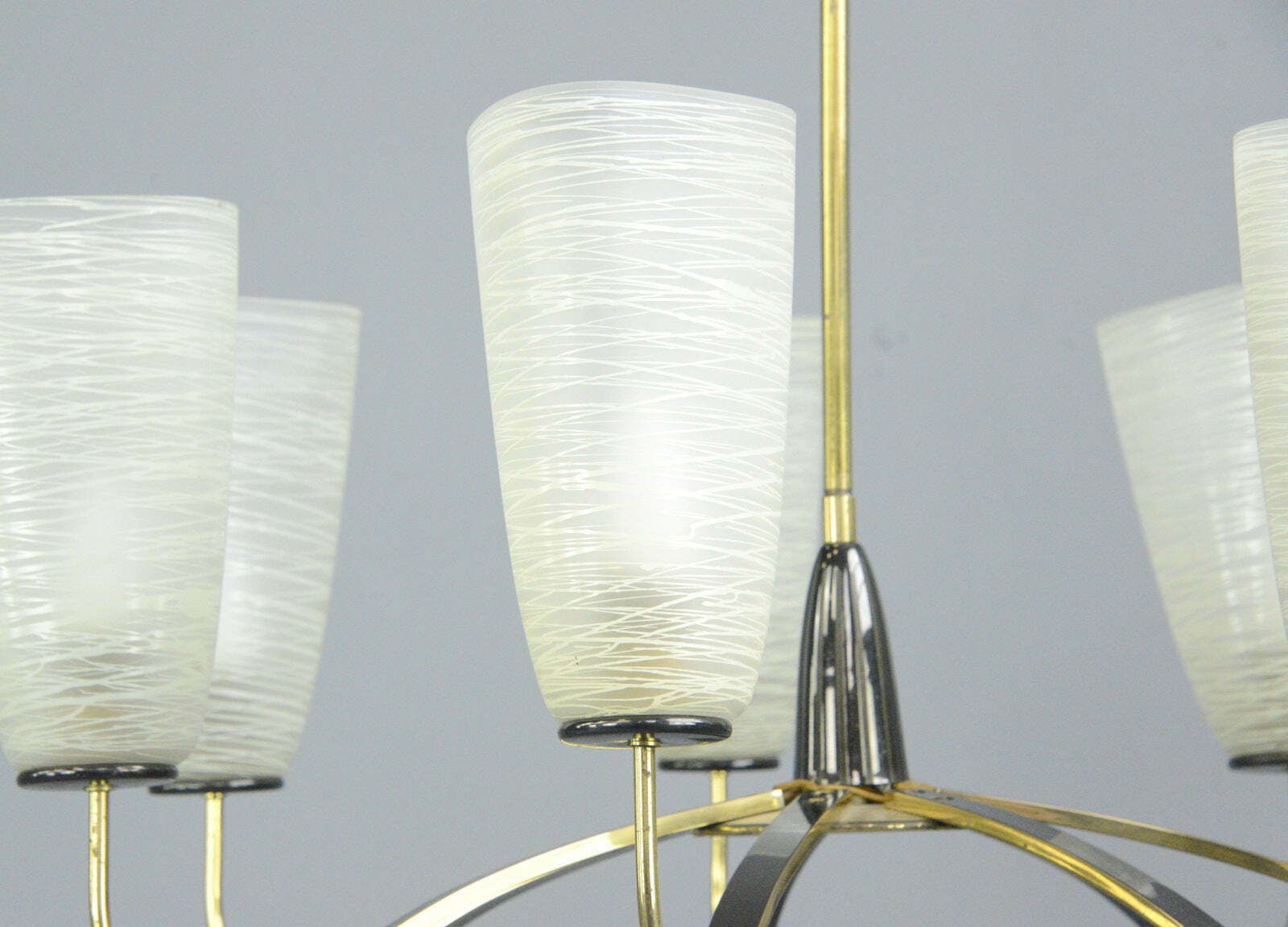 photo for sale Large Mid Century Brass & Glass Chandelier Circa 1960s