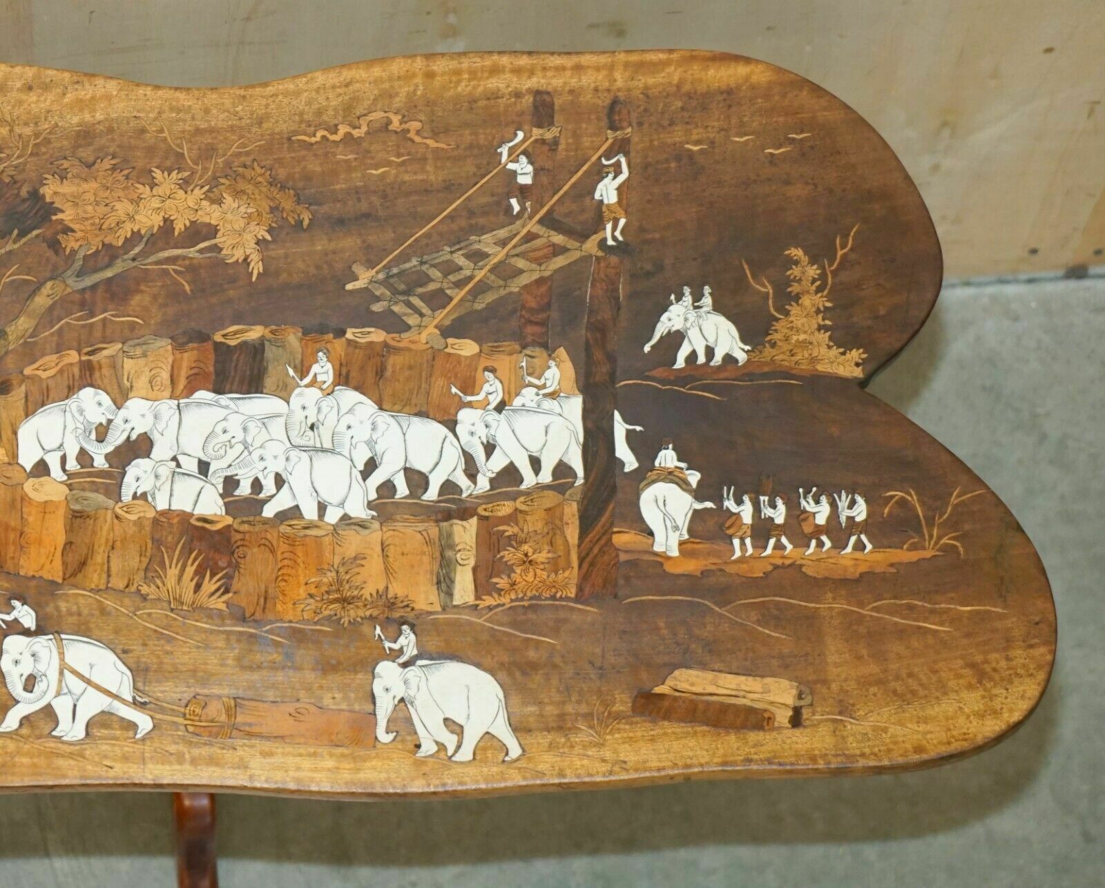 2350.0 Large Antique Japanese Shibayama Inlaid Elephant Trainers Rosewood Coffee Table photo
