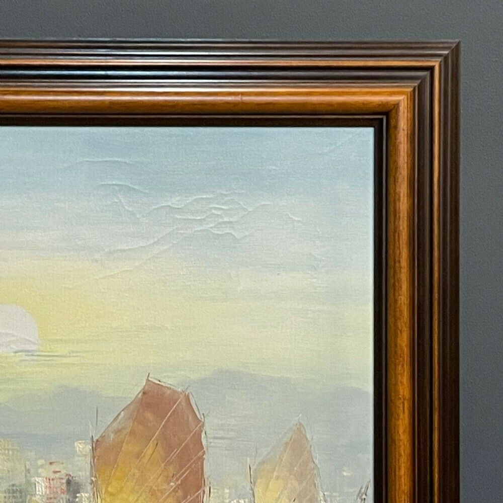Large Framed Oil Painting Of A Hong Kong Harbour Scene With Junk Boats On Canvas photo Art