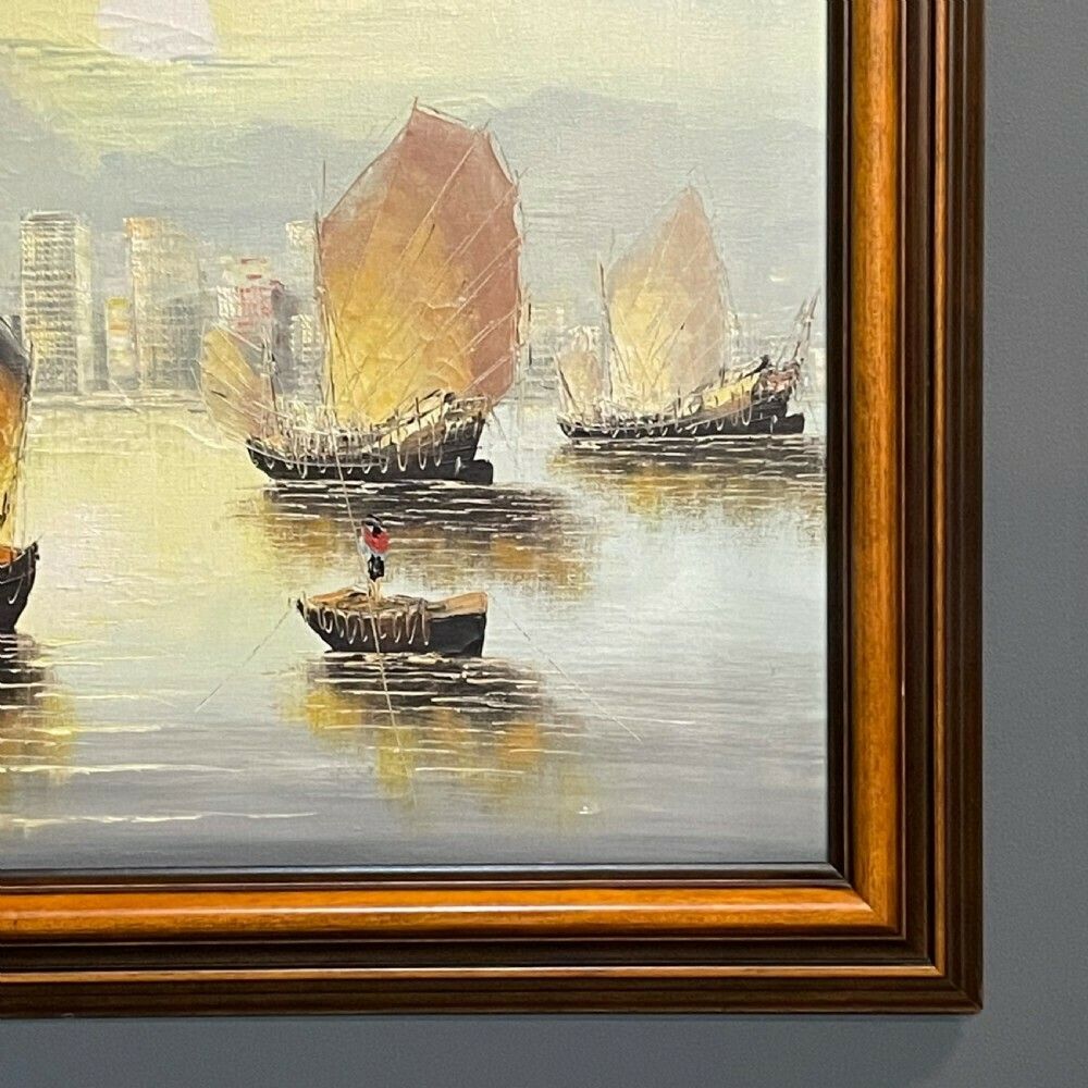 Large Framed Oil Painting Of A Hong Kong Harbour Scene With Junk Boats On Canvas photo 90.0