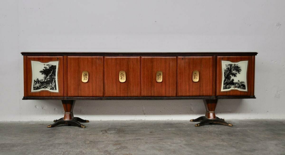 Credenza Superiore In Mogano, Pera, Ottone E Vetro Marmorato Laccato Posteriore Con Specchio Di F.Lli Rigamonti Desio, Milano photo 11500.0