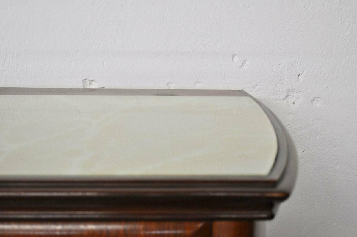 photo vintage Credenza Superiore In Mogano, Pera, Ottone E Vetro Marmorato Laccato Posteriore Con Specchio Di F.Lli Rigamonti Desio, Milano