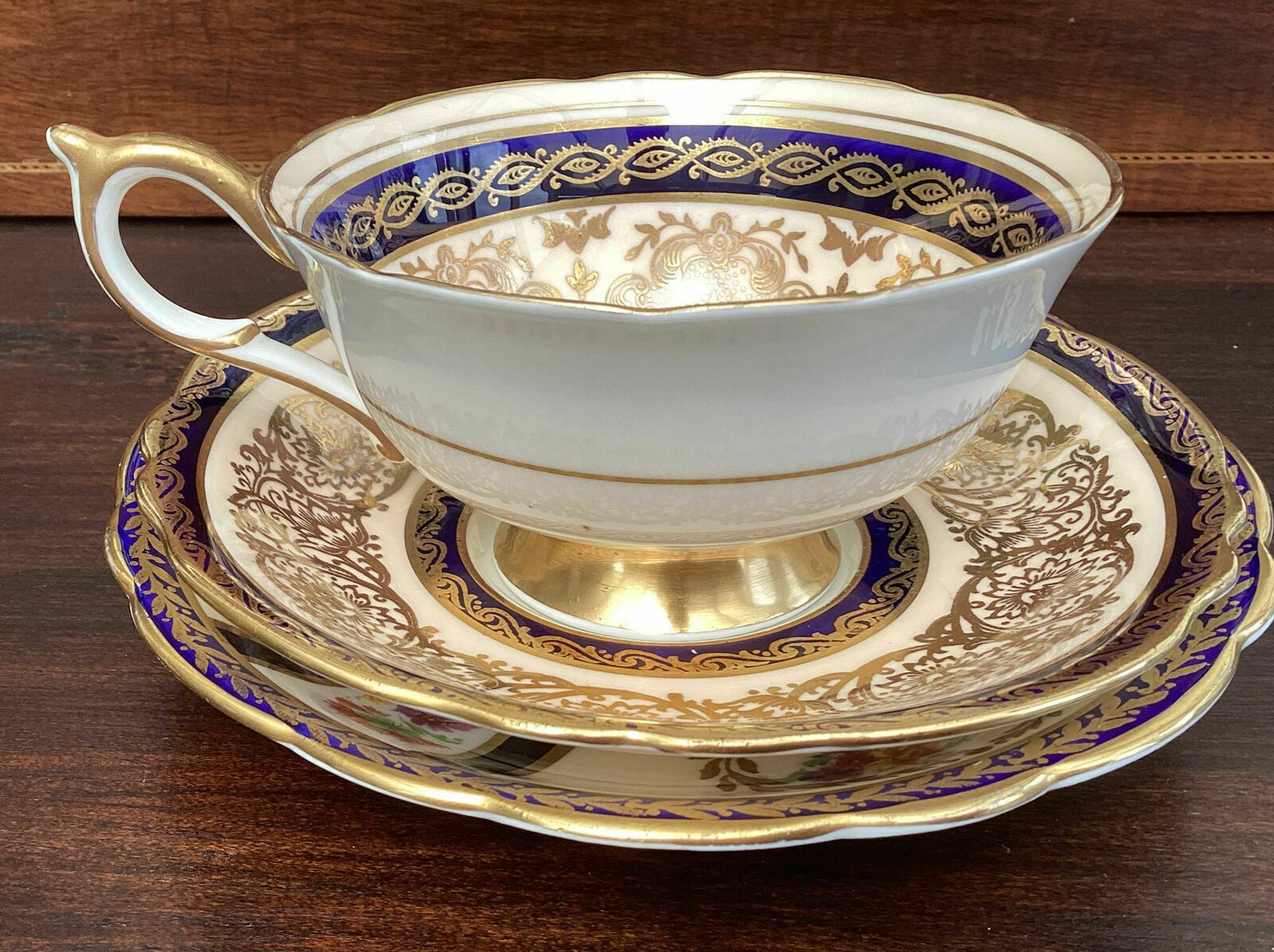Home Decor Paragon Antique Floating Rose Cabinet Tea Trio Cobalt And Gilt C 1945 photo