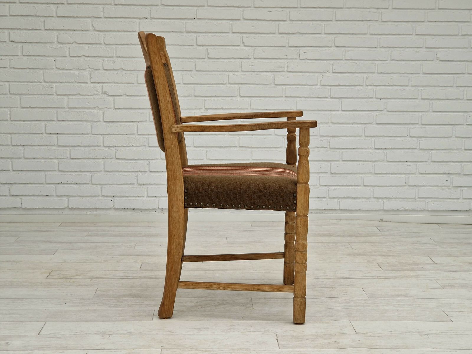 1960s, Danish Design, Armchair, Oak Wood, Furniture Wool. photo vintage