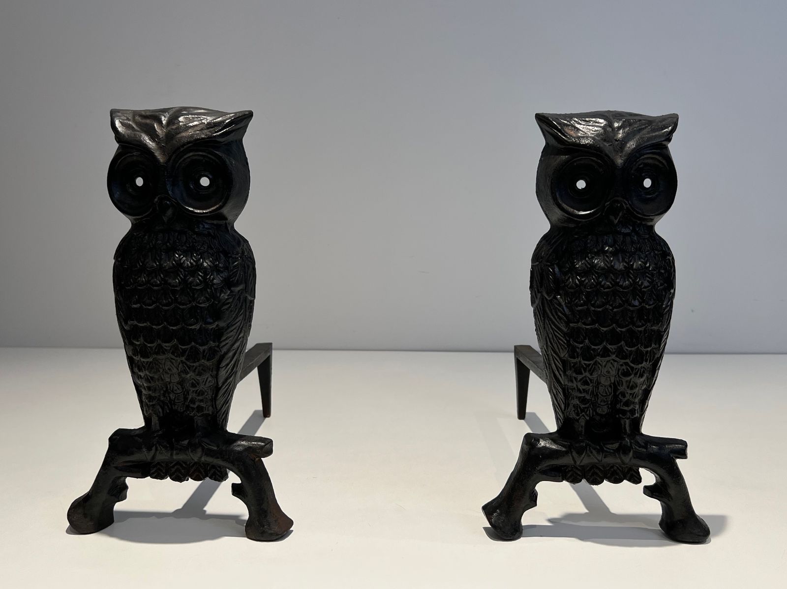 Pair Of Cast Iron And Wrought Iron Andirons Representing An Owl photo Home Fixtures