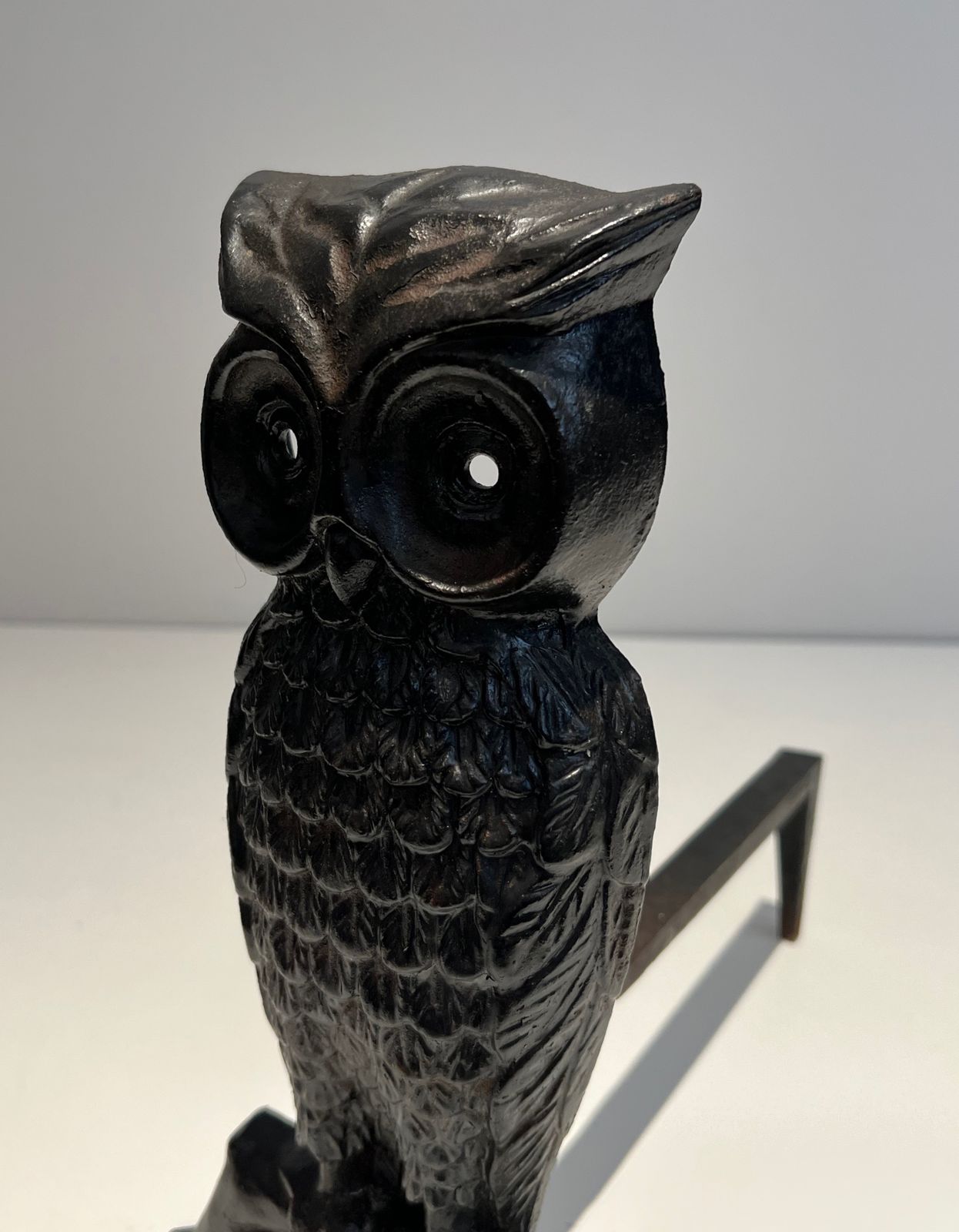 Pair Of Cast Iron And Wrought Iron Andirons Representing An Owl photo buy