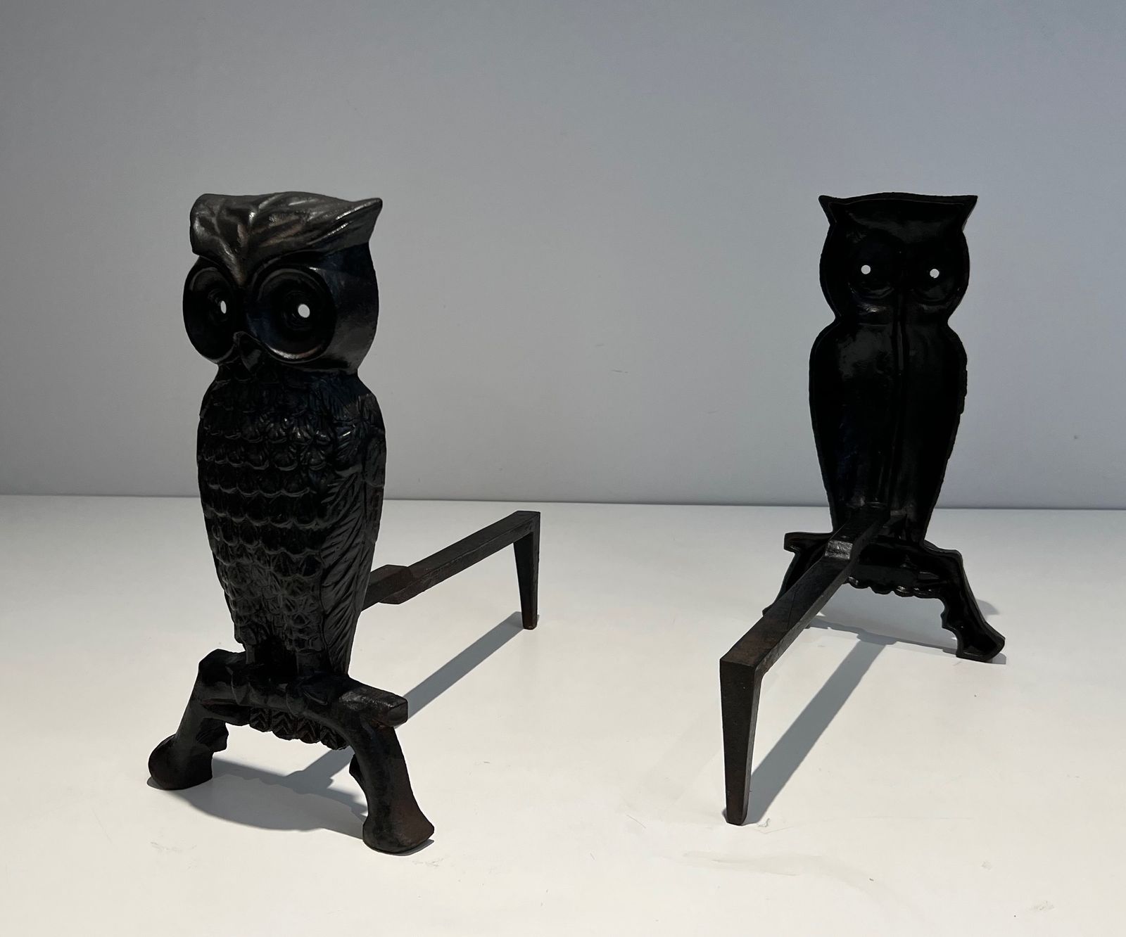 photo for sale Pair Of Cast Iron And Wrought Iron Andirons Representing An Owl