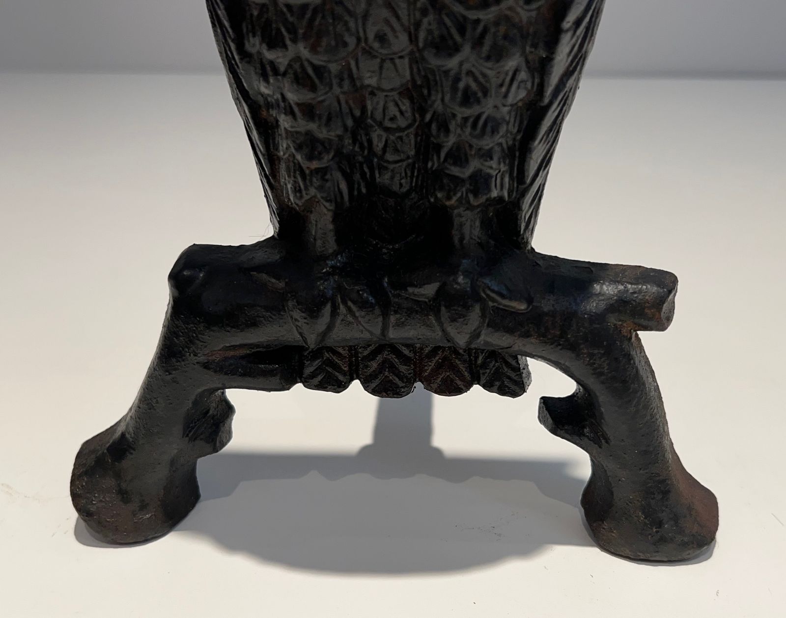 photo vintage Pair Of Cast Iron And Wrought Iron Andirons Representing An Owl