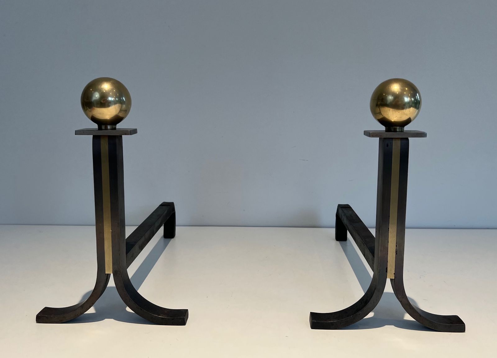 Pair Of Modernist Andirons In Steel, Brass And Wrought Iron In The Style Of Jacques Adnet photo furniture