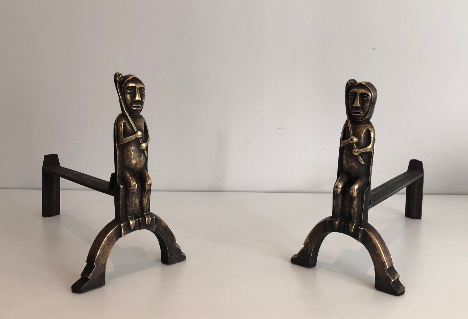 Pair Of Andirons In Bronze With Seated Shamans Monogrammed Anton Prinner photo furniture