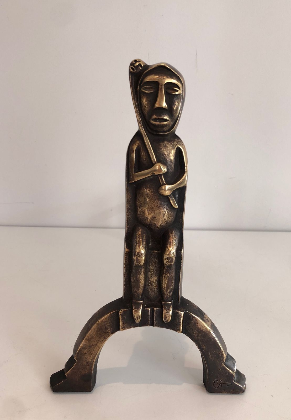 Pair Of Andirons In Bronze With Seated Shamans Monogrammed Anton Prinner photo vinterior