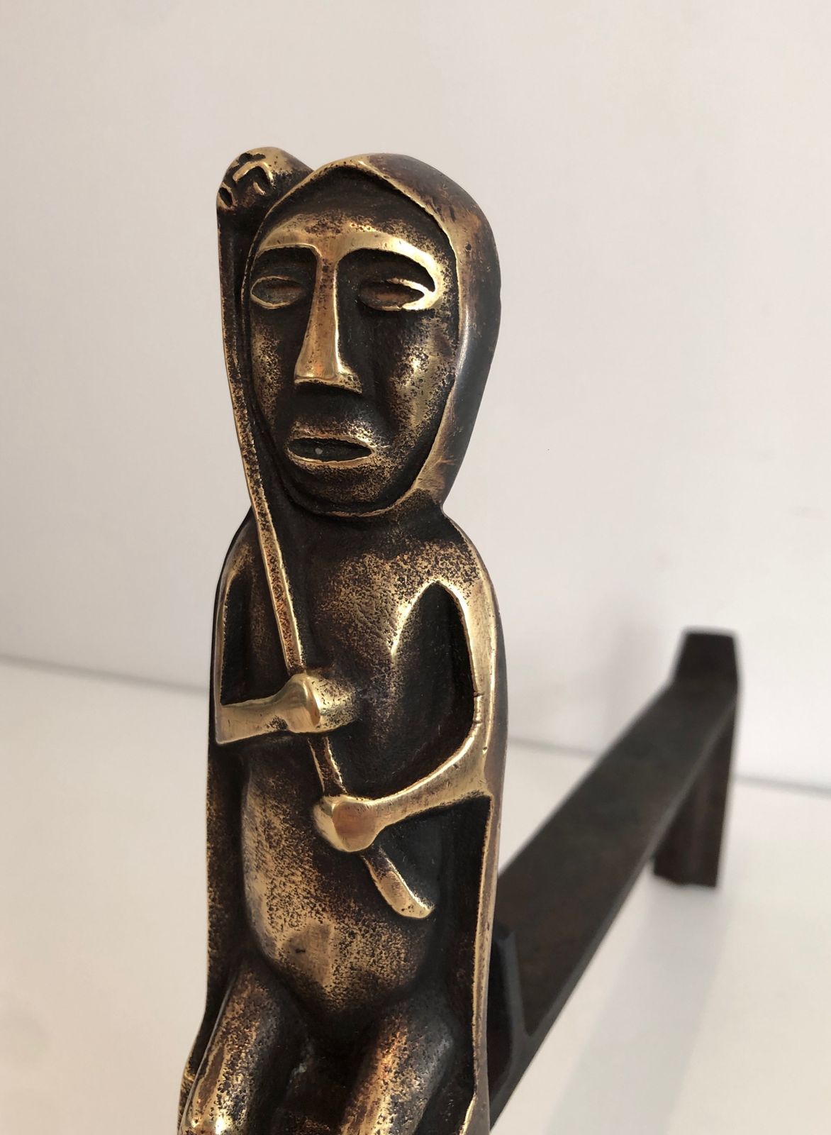 photo furniture Pair Of Andirons In Bronze With Seated Shamans Monogrammed Anton Prinner