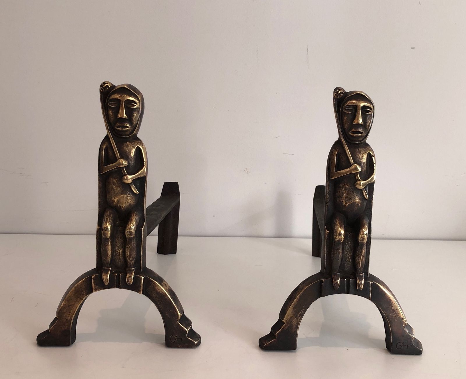 1850.0 Pair Of Andirons In Bronze With Seated Shamans Monogrammed Anton Prinner photo