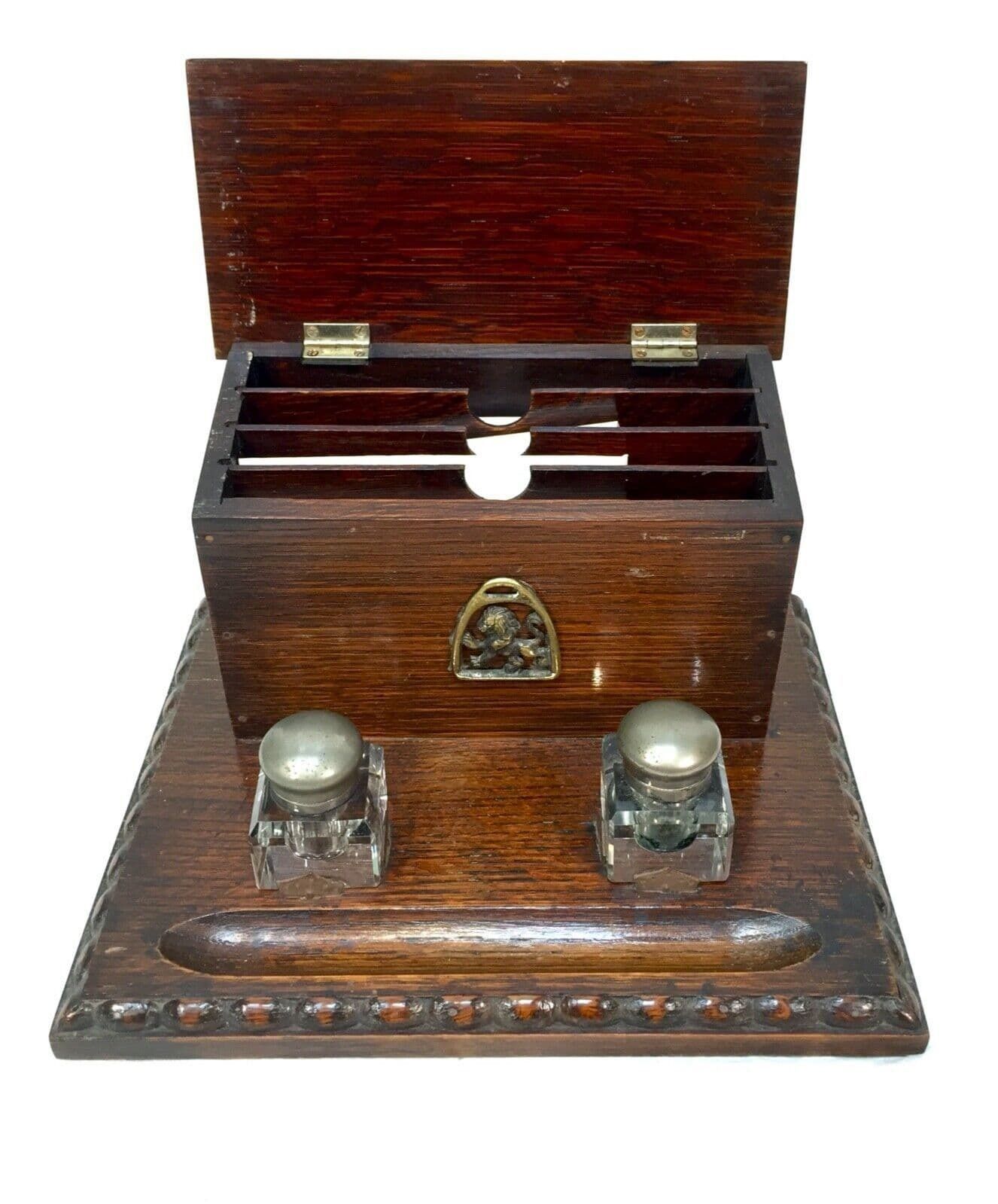 Antique Wooden Oak Stationery Box / Letter Desktop Tidy / Cabinet / Edwardian photo vinterior