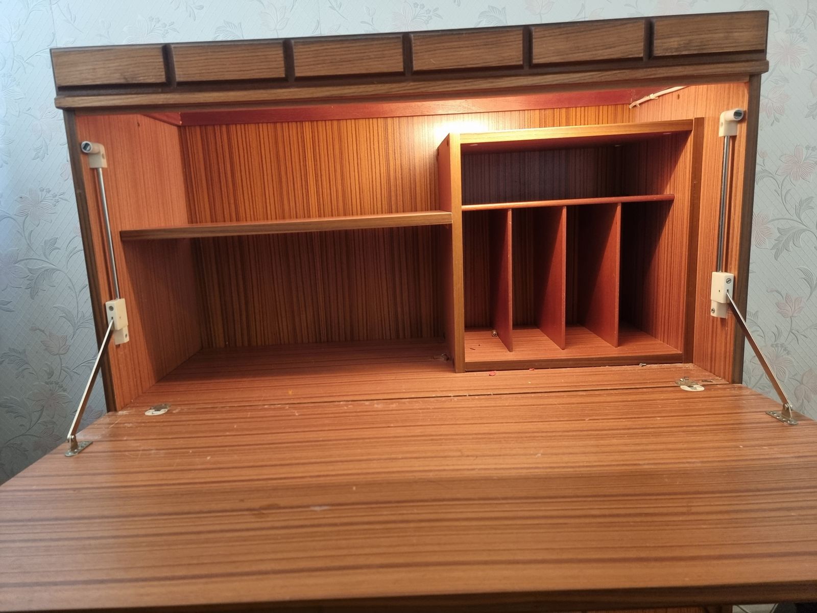 Mid Century Solid Wood Teak Secretaire Fold Out Desk photo for sale