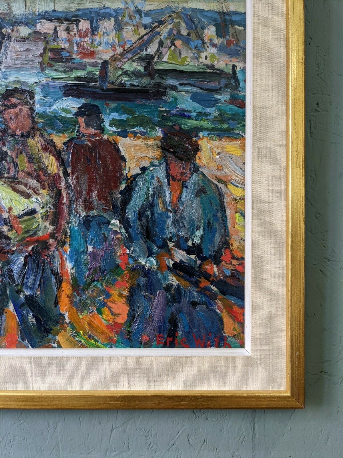 Vintage Mid Century Painting   Coastal Dock, Oil On Board photo vinterior