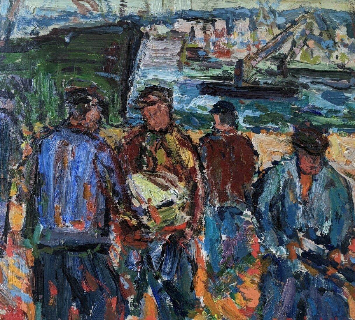 photo for sale Vintage Mid Century Painting   Coastal Dock, Oil On Board