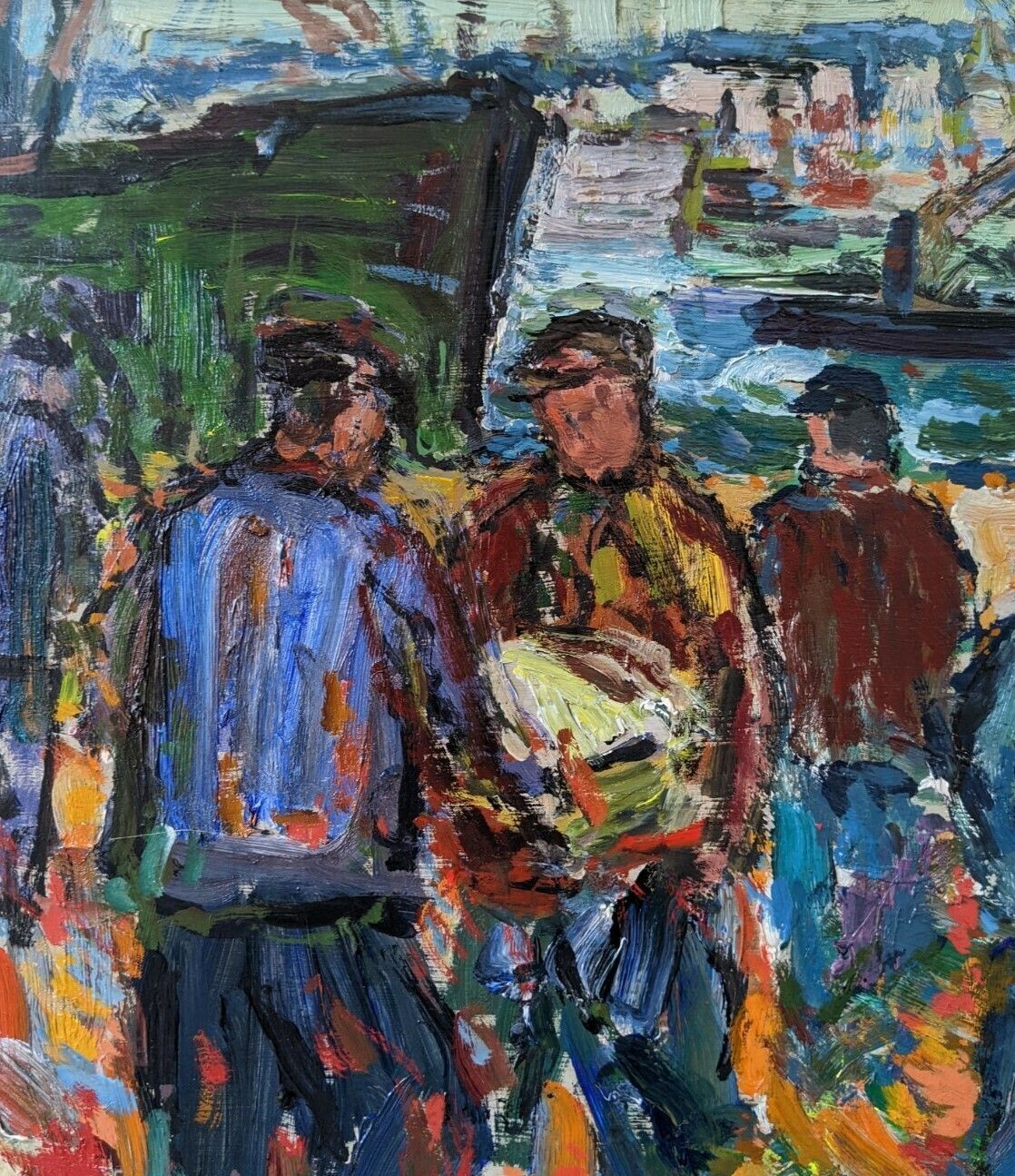Art Vintage Mid Century Painting   Coastal Dock, Oil On Board photo