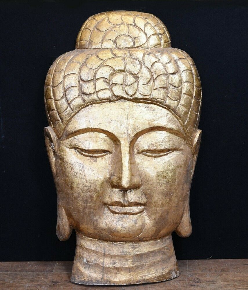 Carved Tibetan Buddha Bust   Hand Carved Buddhist Art Sculpture photo vintage
