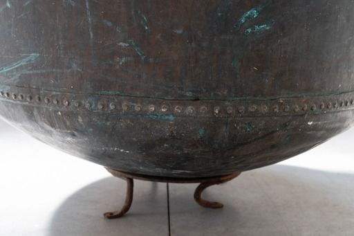 5125.0 Antique Copper Cauldron With Iron Base, With Decorations, 1800s Design Period 1800s photo