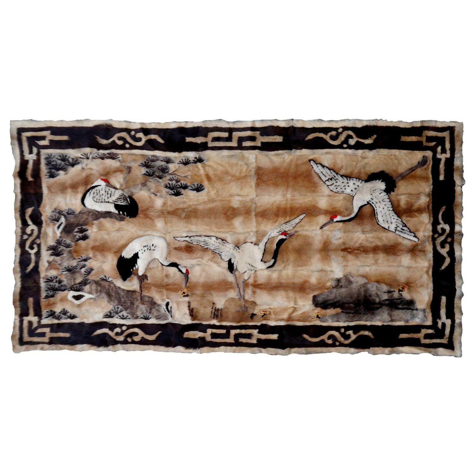 Vintage Chinese Fur Lether Rug With Landscape And Crane Wall Decoration