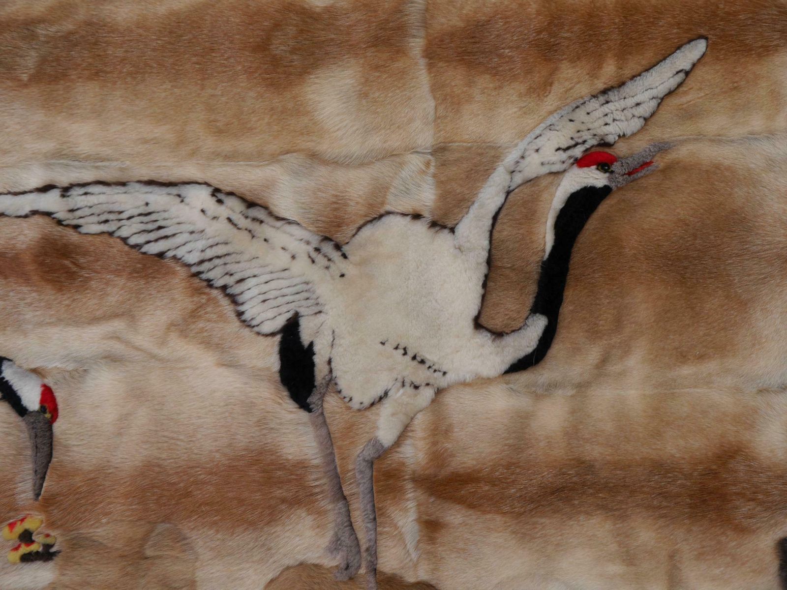 Vintage Chinese Fur Lether Rug With Landscape And Crane Wall Decoration photo vinterior