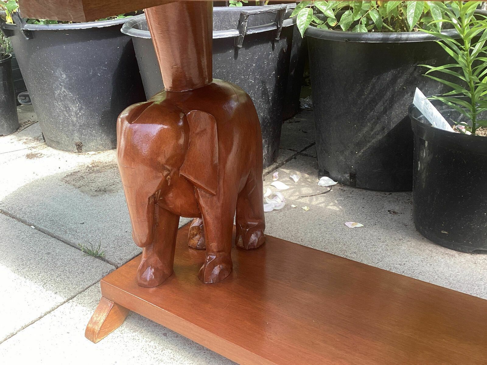 20th C. African Mahogany? Slab Table On Carved Elephant Supports Over Shelf. photo for sale