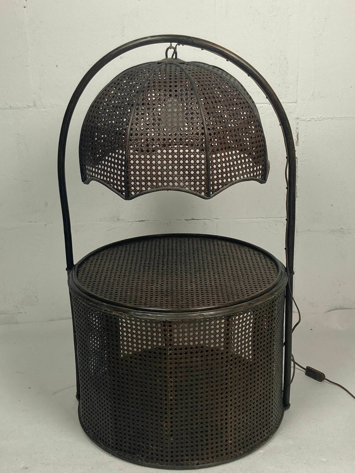 Faux Bamboo Rattan Webbing Side Table With Integrated Hanging Lamp, Dutch 1960s 1970s photo for sale